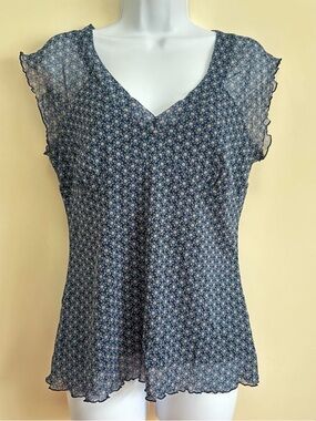 Axcess Navy Blue Floral V-Neck Short Sleeve Blouse